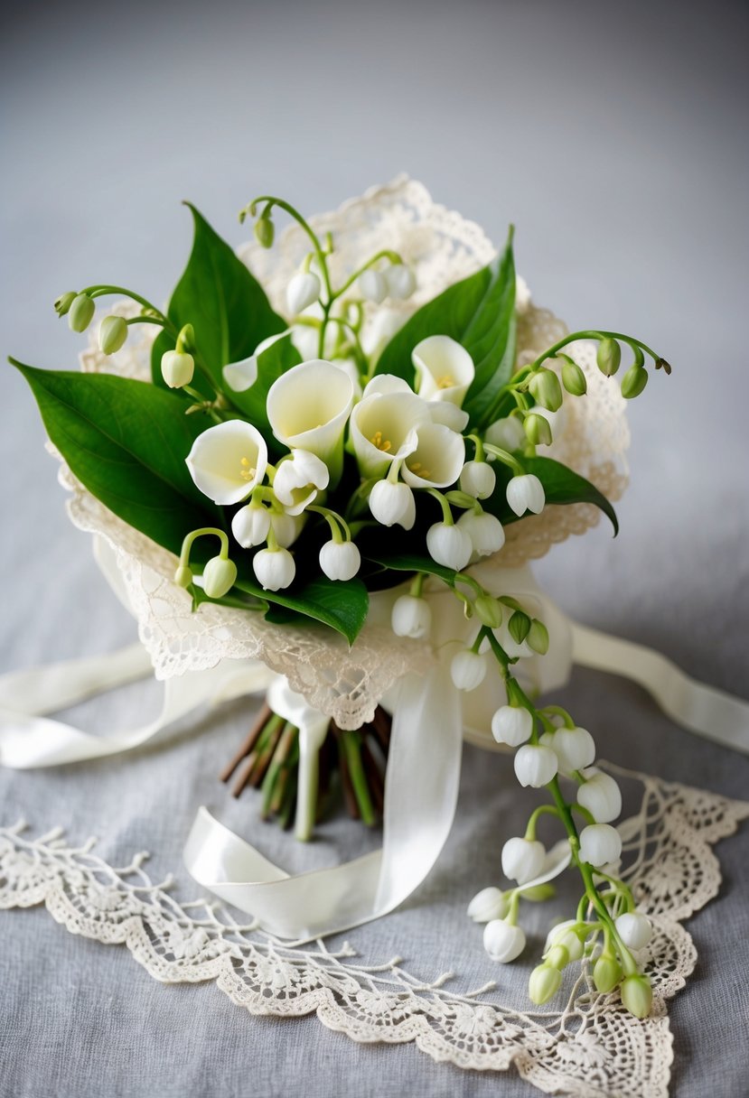 A delicate lily of the valley and gardenia bouquet with trailing ribbons, nestled in a vintage lace handkerchief