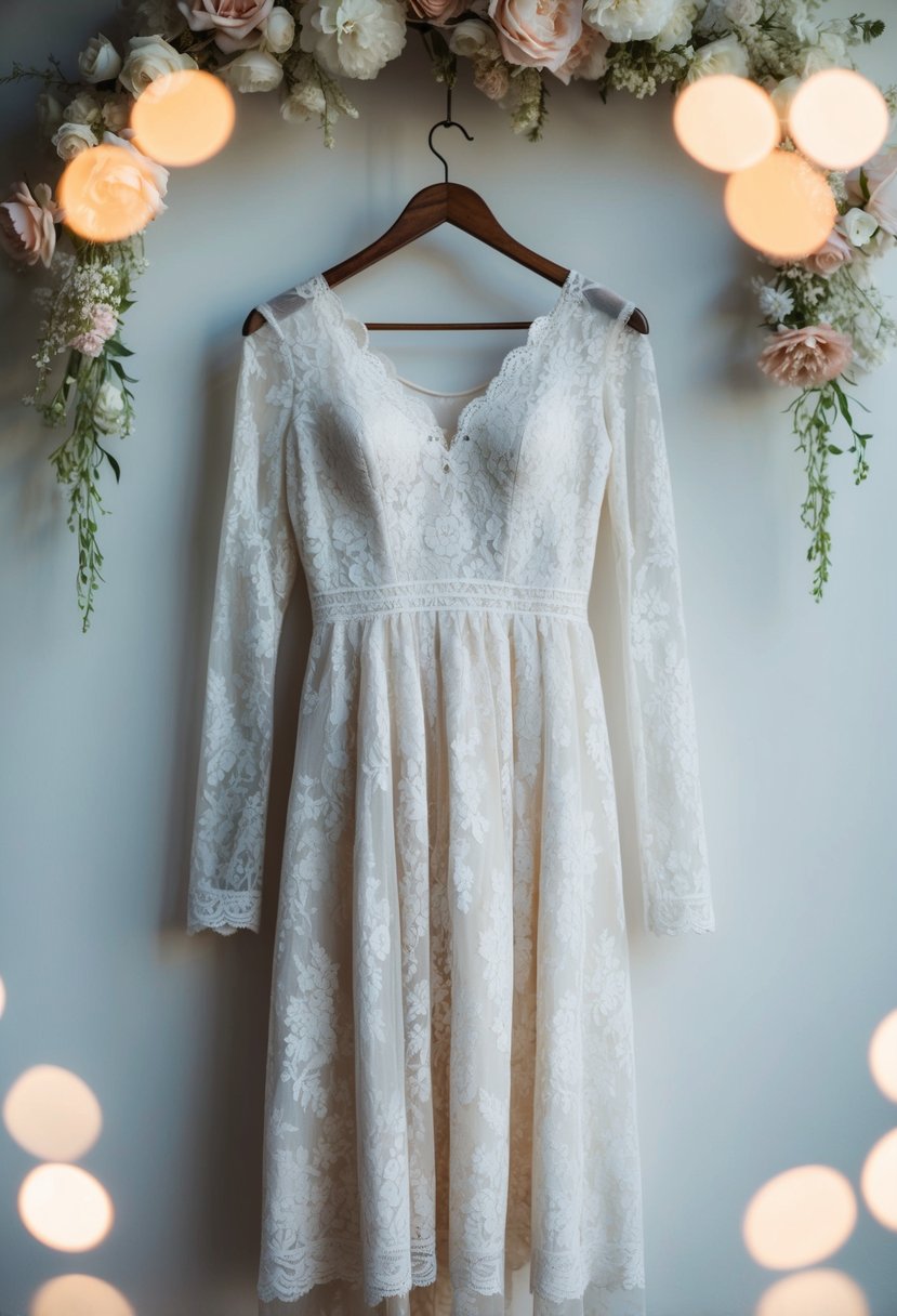 A long-sleeve lace dress hangs on a vintage wooden hanger, surrounded by soft lighting and delicate floral accents