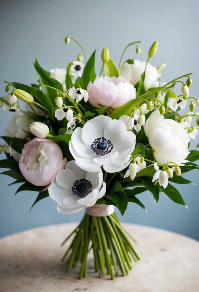 A delicate bouquet of peonies, anemones, and lilies of the valley arranged with elegance