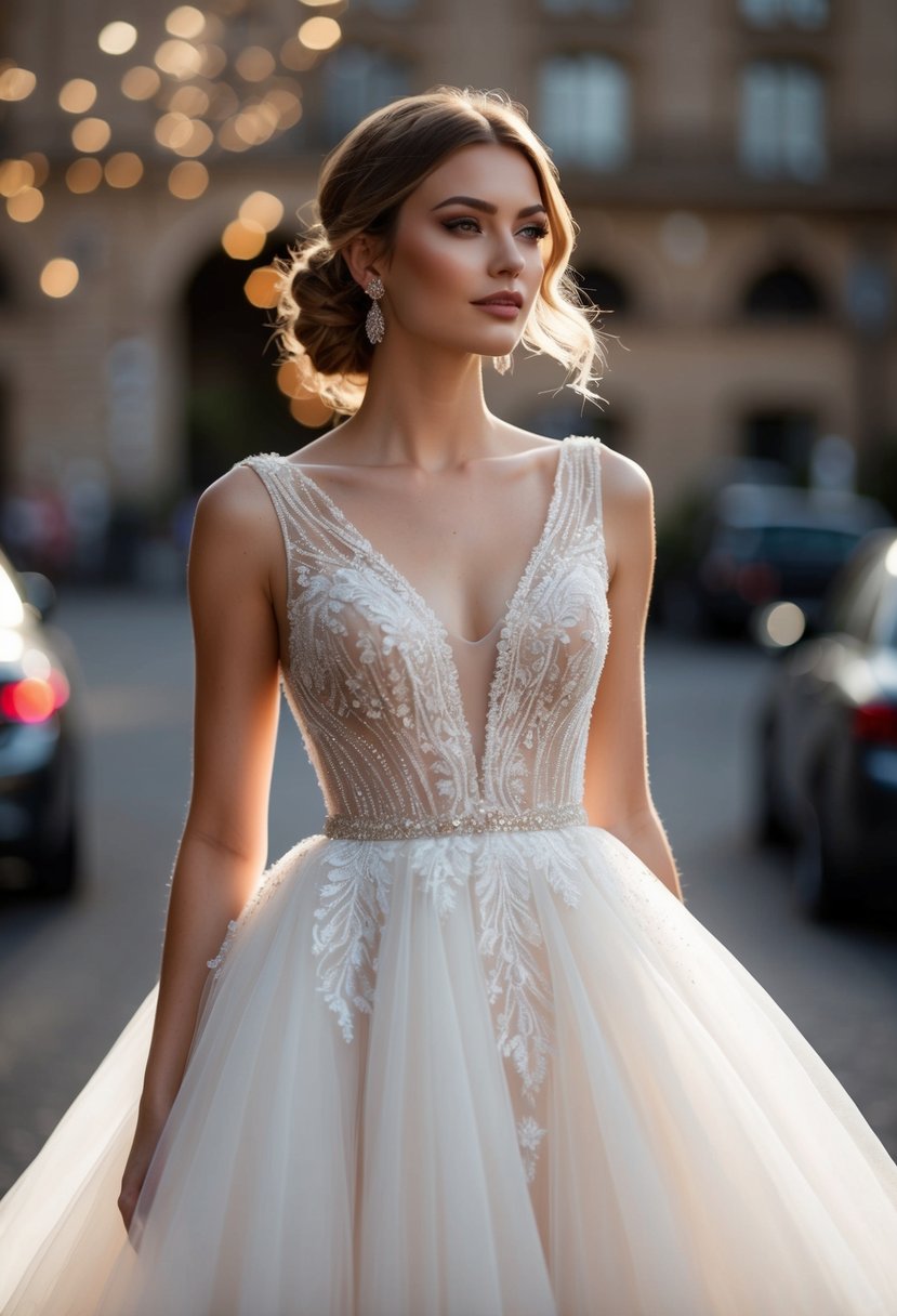 A soft, flowing tulle gown with a delicate v-neckline, adorned with intricate lace and shimmering beadwork