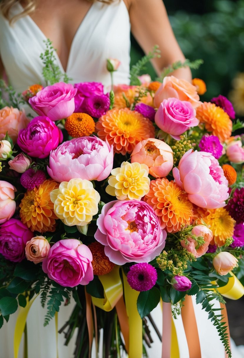 A vibrant assortment of roses, peonies, and dahlias in shades of pink, orange, and yellow, arranged in a cascading bouquet with greenery and ribbons