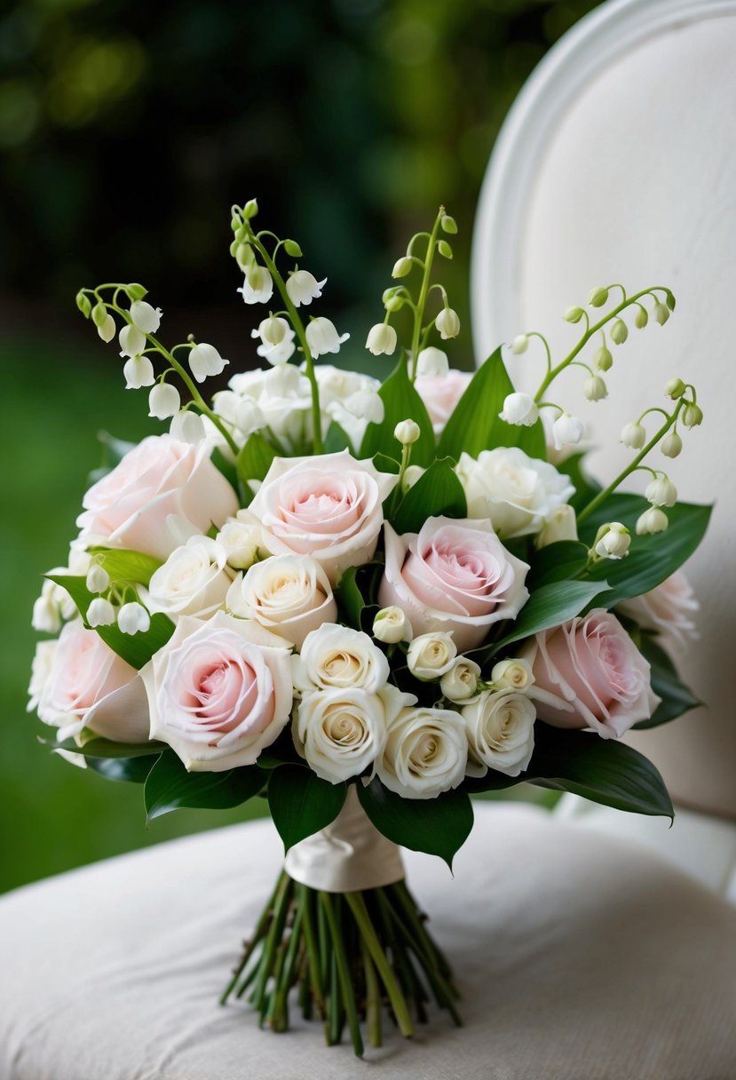 A lush bouquet of classic roses and delicate lily of the valley, arranged in a romantic and elegant wedding bouquet