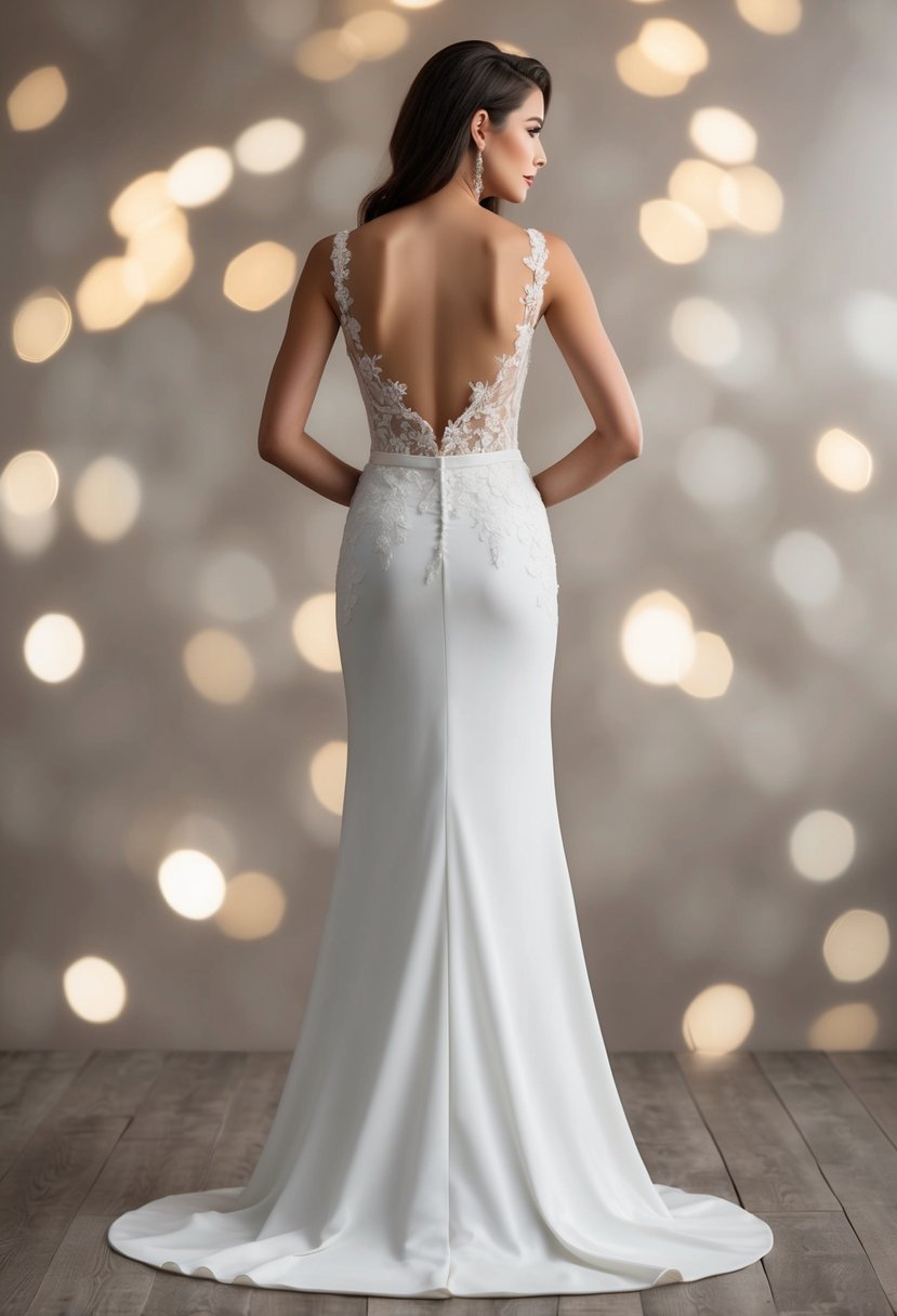 A sleek, floor-length column dress with a low back, adorned with delicate lace and a subtle train, exuding classic elegance