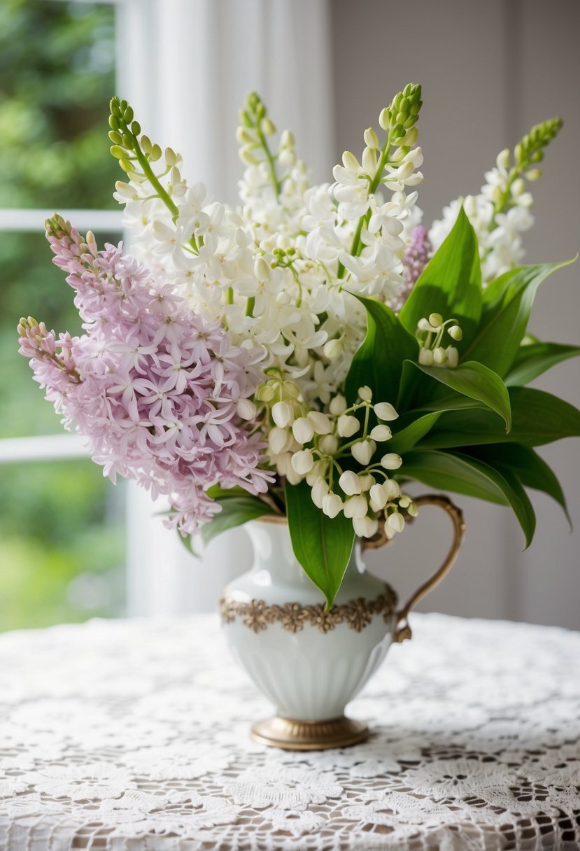 A delicate bouquet of white lilacs and astilbe, accented with lily of the valley, sits in a vintage vase on a lace-covered table