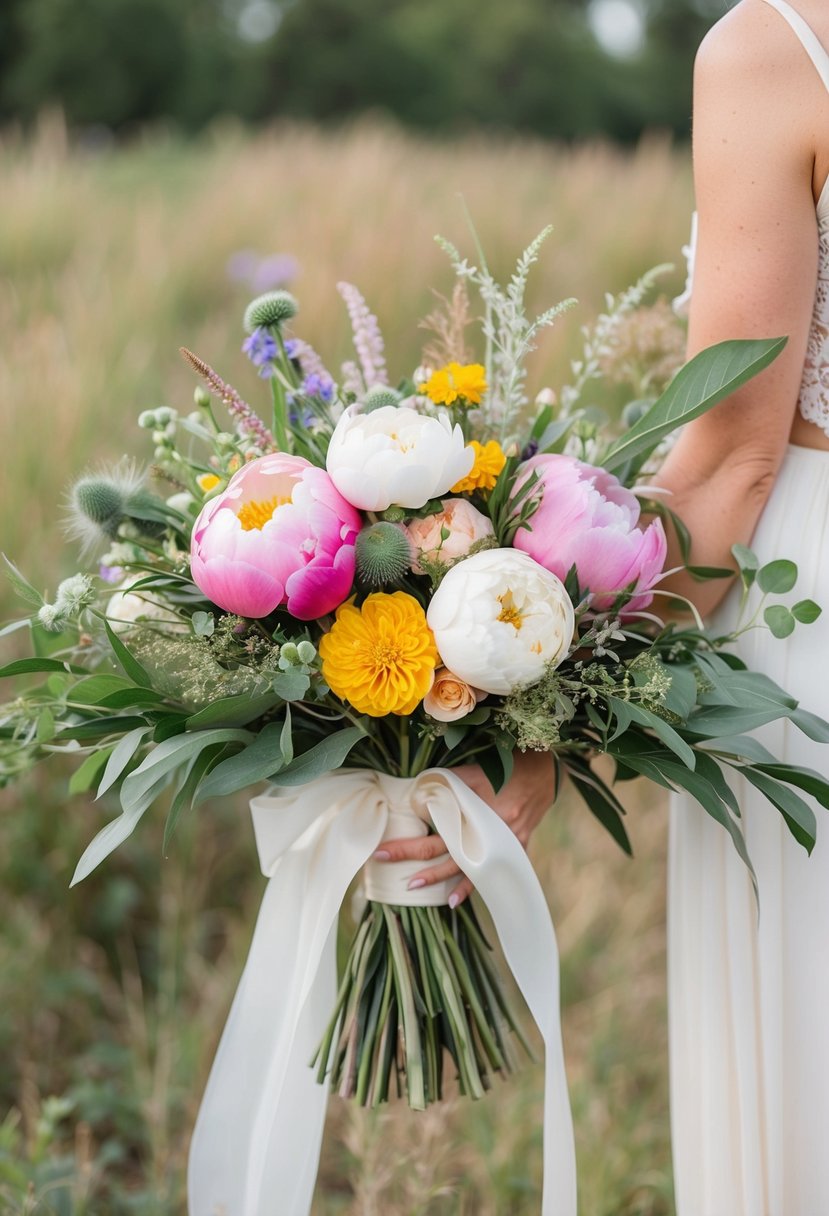 A bohemian chic wedding bouquet featuring bright peonies, wildflowers, and greenery, tied with a flowing ribbon