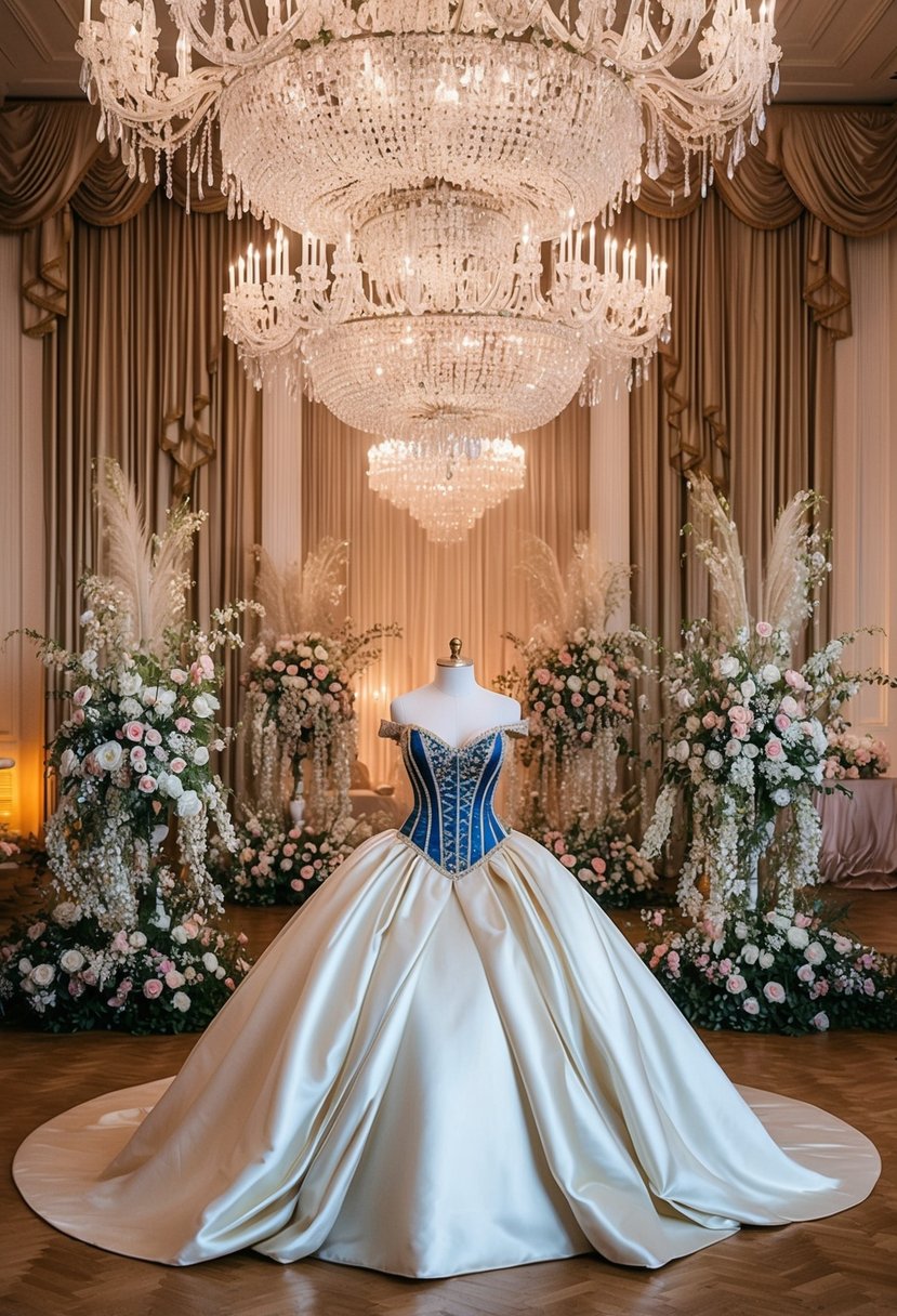 A grand ballroom with crystal chandeliers, adorned with cascading silk drapes and opulent floral arrangements, showcasing a regal princess corset ballgown