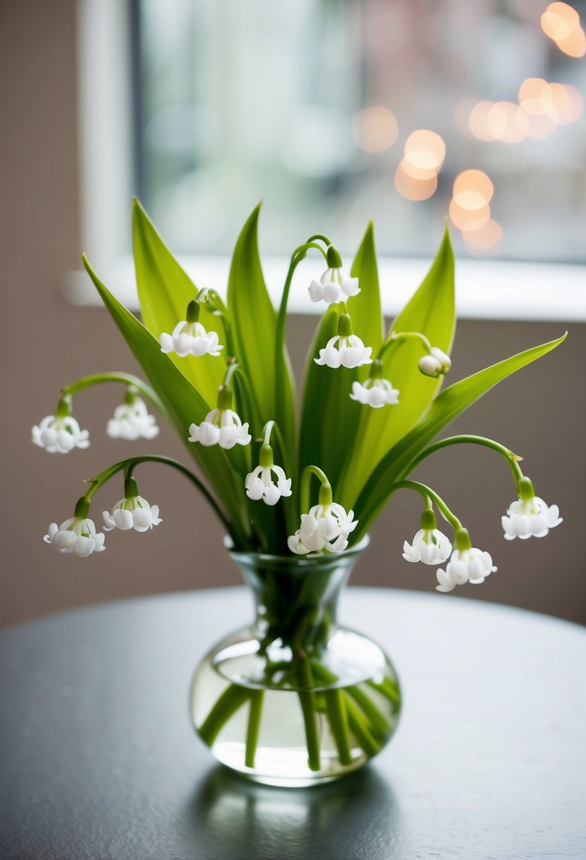 A small bouquet of lily of the valley and ranunculus, arranged with minimalistic elegance in a simple glass vase