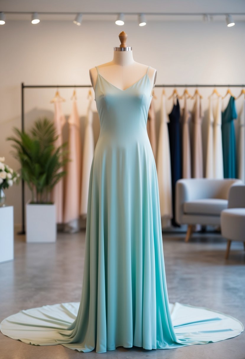 A simple, flowing slip dress on a mannequin in a serene, modern bridal boutique