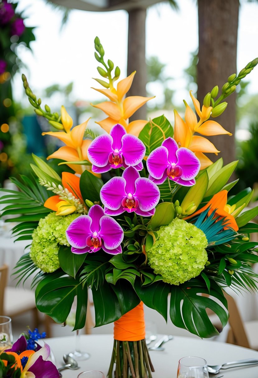 A vibrant bouquet of tropical orchids and lush greenery, accented with pops of bright colors, creating an elegant and lively wedding bouquet