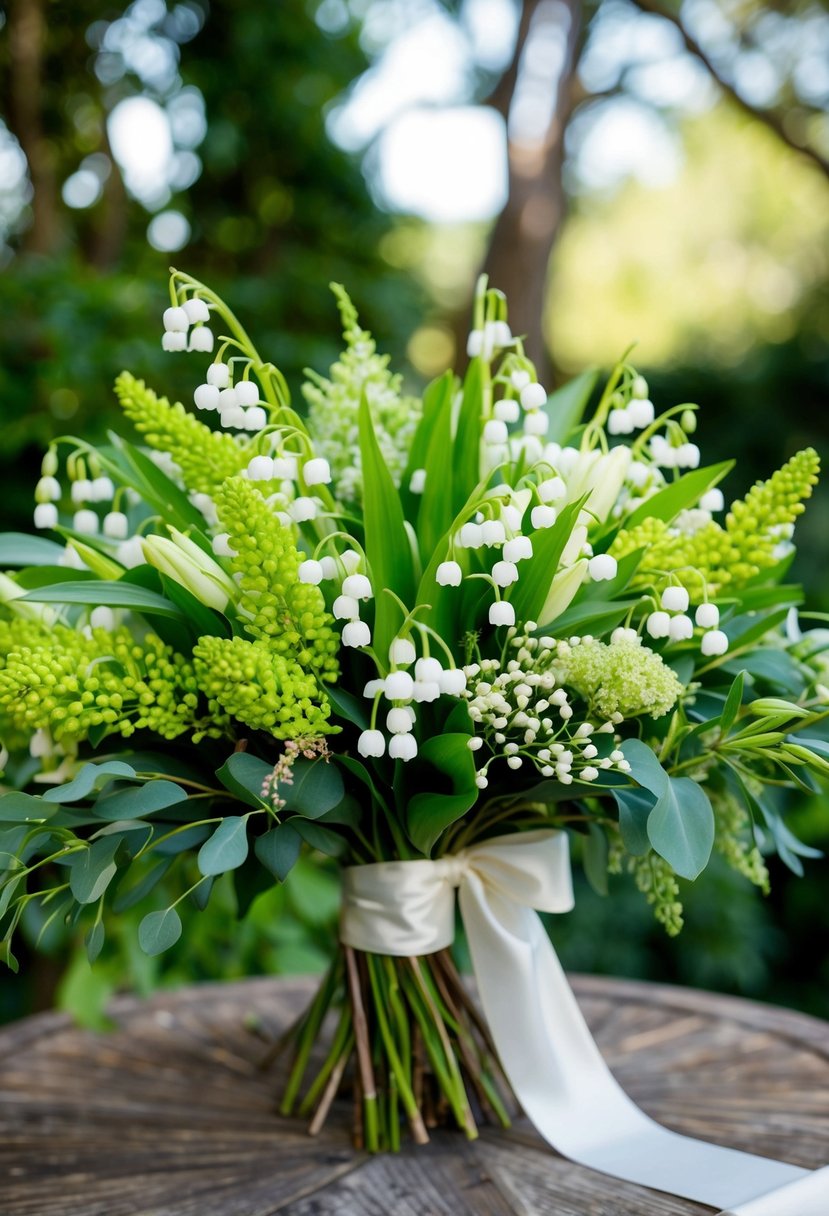 A lush wedding bouquet bursting with vibrant Lily of the Valley and Viburnum, accented with delicate greenery and tied with a satin ribbon