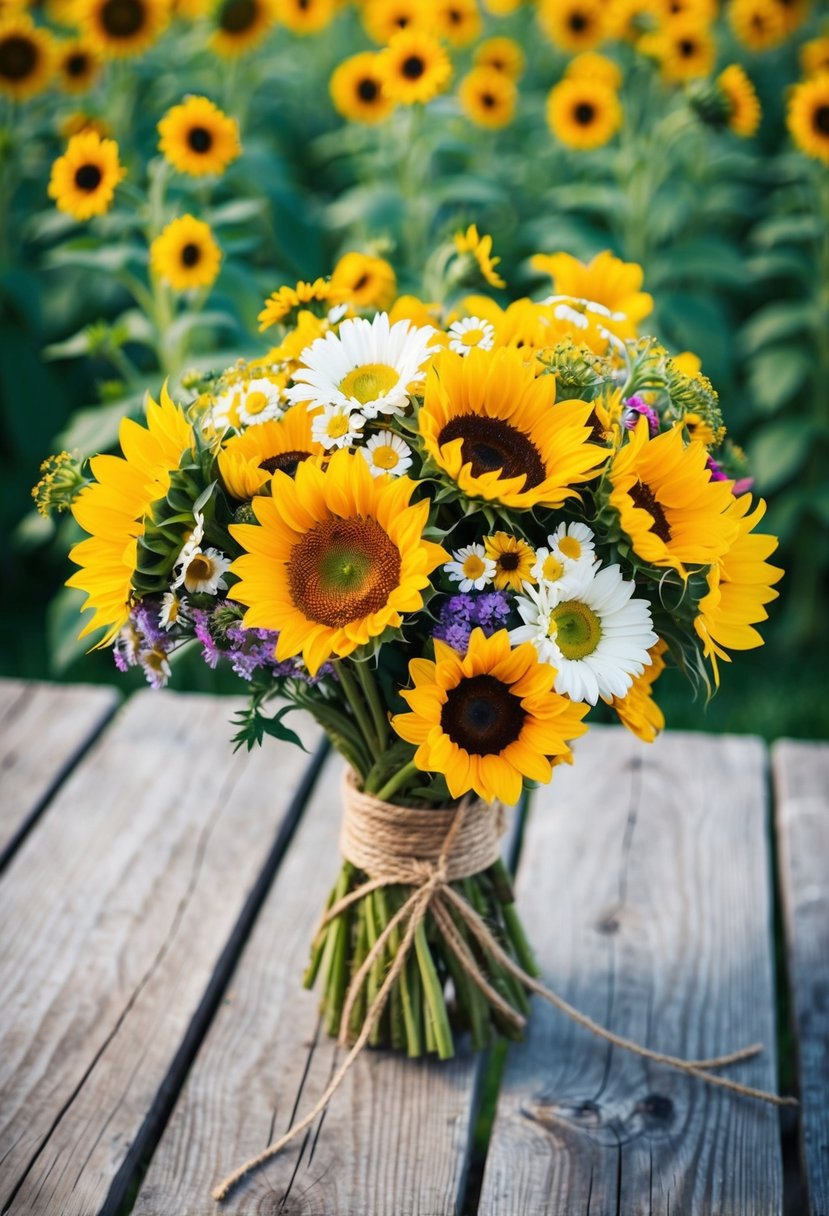 A rustic wooden table adorned with a vibrant bouquet of sunflowers, daisies, and wildflowers, tied with twine