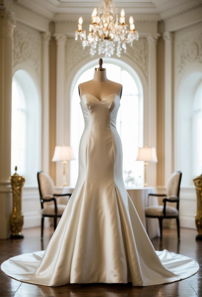 A satin fit-and-flare wedding dress on a mannequin in a luxurious, classic setting with elegant decor and soft lighting