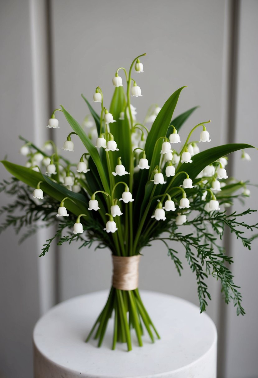 A delicate lily of the valley bouquet with olive greenery, arranged in a whimsical and romantic style