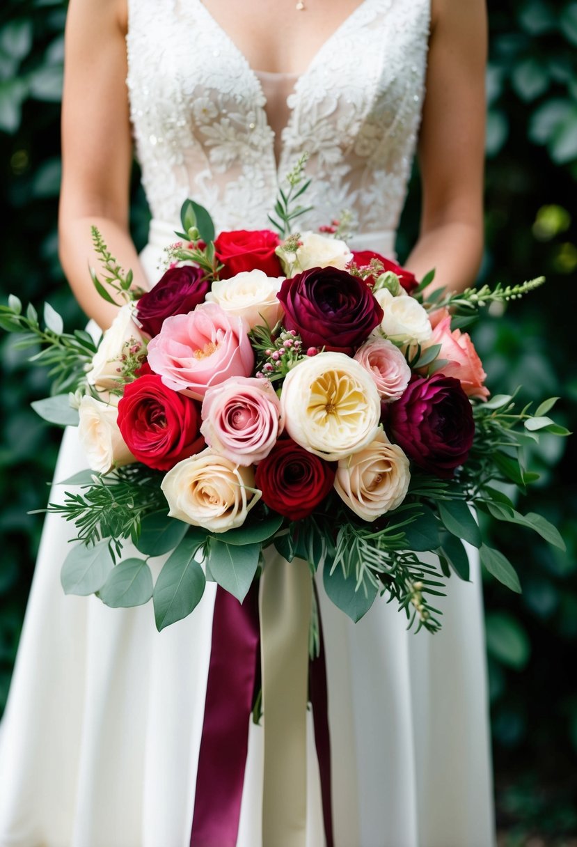 A vintage-inspired wedding bouquet featuring garden roses in shades of pink, red, and cream, accented with lush greenery and tied with a satin ribbon