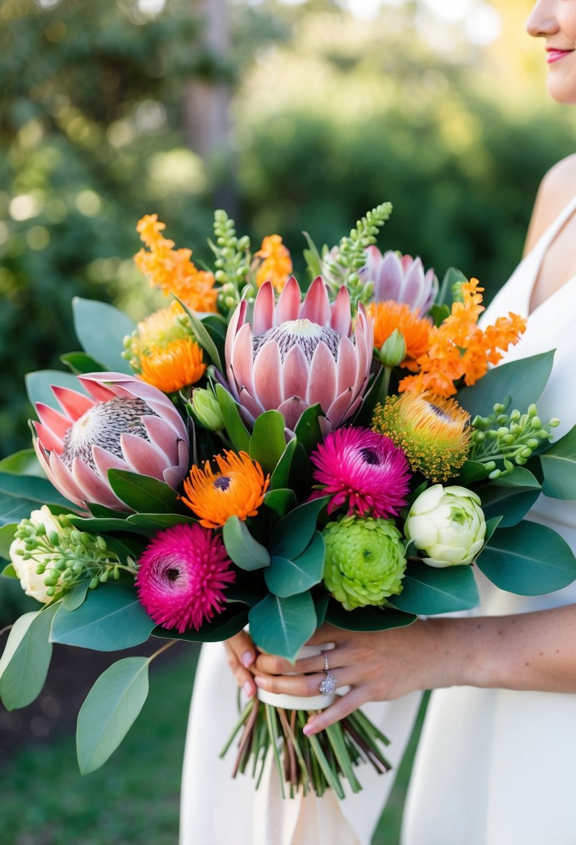 A modern twist on a wedding bouquet featuring vibrant proteas and other colorful flowers, arranged in a contemporary style