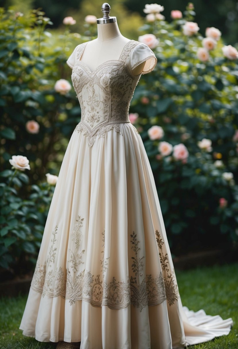 A tea-length dress with a vintage-inspired design, featuring delicate lace and intricate embroidery, set against a backdrop of a lush garden with blooming roses