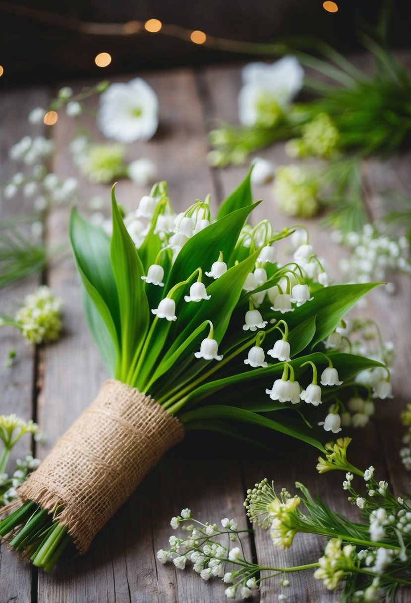 A rustic burlap-wrapped wedding bouquet of lily of the valley, surrounded by scattered delicate blooms and greenery