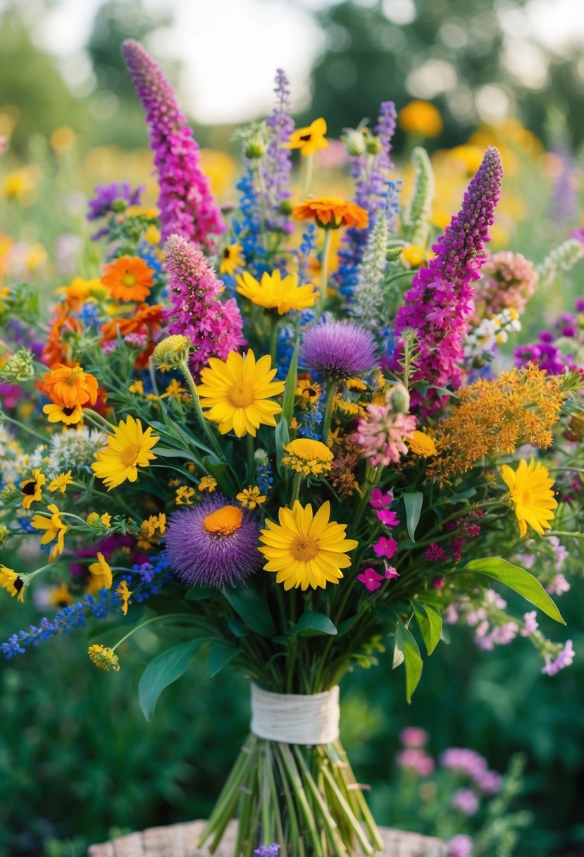 A vibrant array of wildflowers in a whimsical bouquet, bursting with color and texture