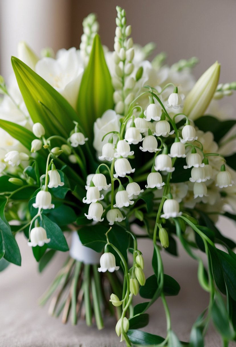 A vintage wedding bouquet featuring Stephanotis and Lily of the Valley, with delicate white flowers and trailing greenery