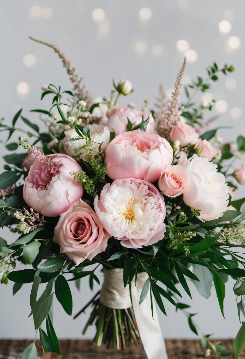 A vibrant wedding bouquet featuring blush peonies, soft pink roses, and delicate greenery arranged in a loose, romantic style