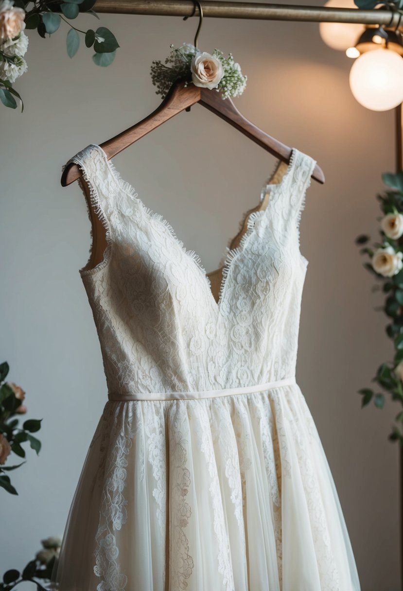 An elegant lace cap-sleeve dress hanging on a vintage wooden hanger, surrounded by soft lighting and delicate floral accents