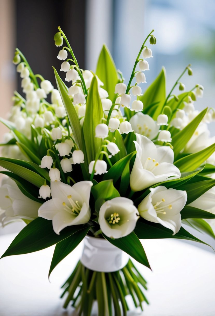 A bouquet of modern white flowers, including lily of the valley, arranged in an elegant wedding bouquet