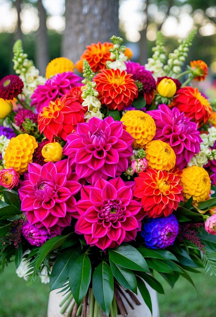 A vibrant bouquet of bold and bright dahlias, accented with colorful blooms and lush greenery, creating a stunning and joyful wedding arrangement