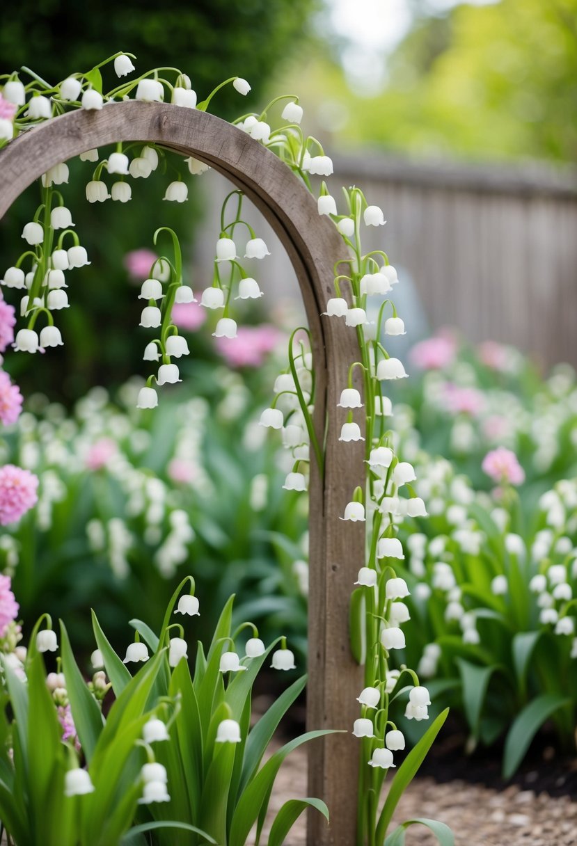 A serene garden with lily of the valley blooming around a rustic wooden archway, with a soft color palette and delicate floral arrangements