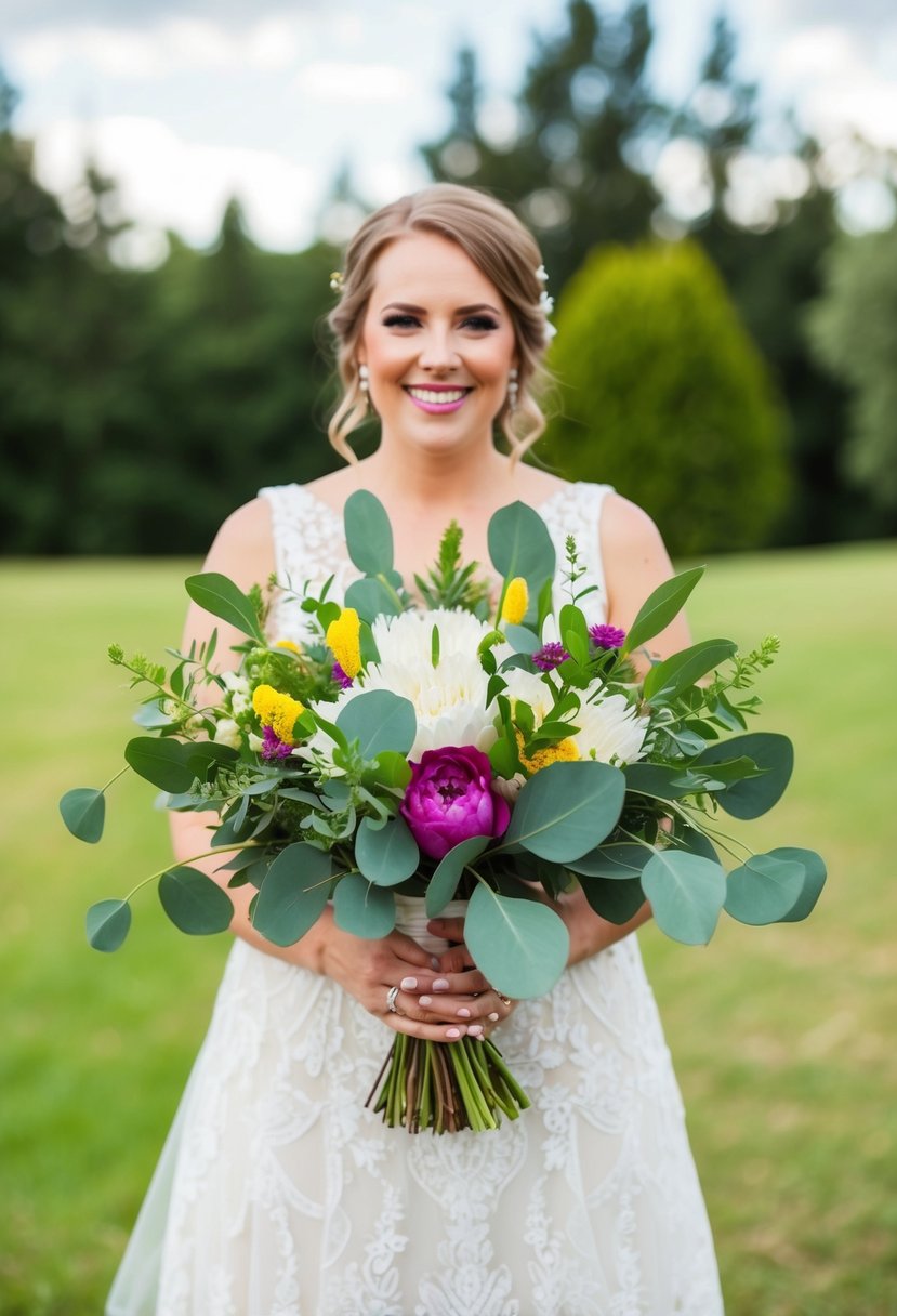 A vibrant wedding bouquet featuring eucalyptus accents for a fresh and colourful look