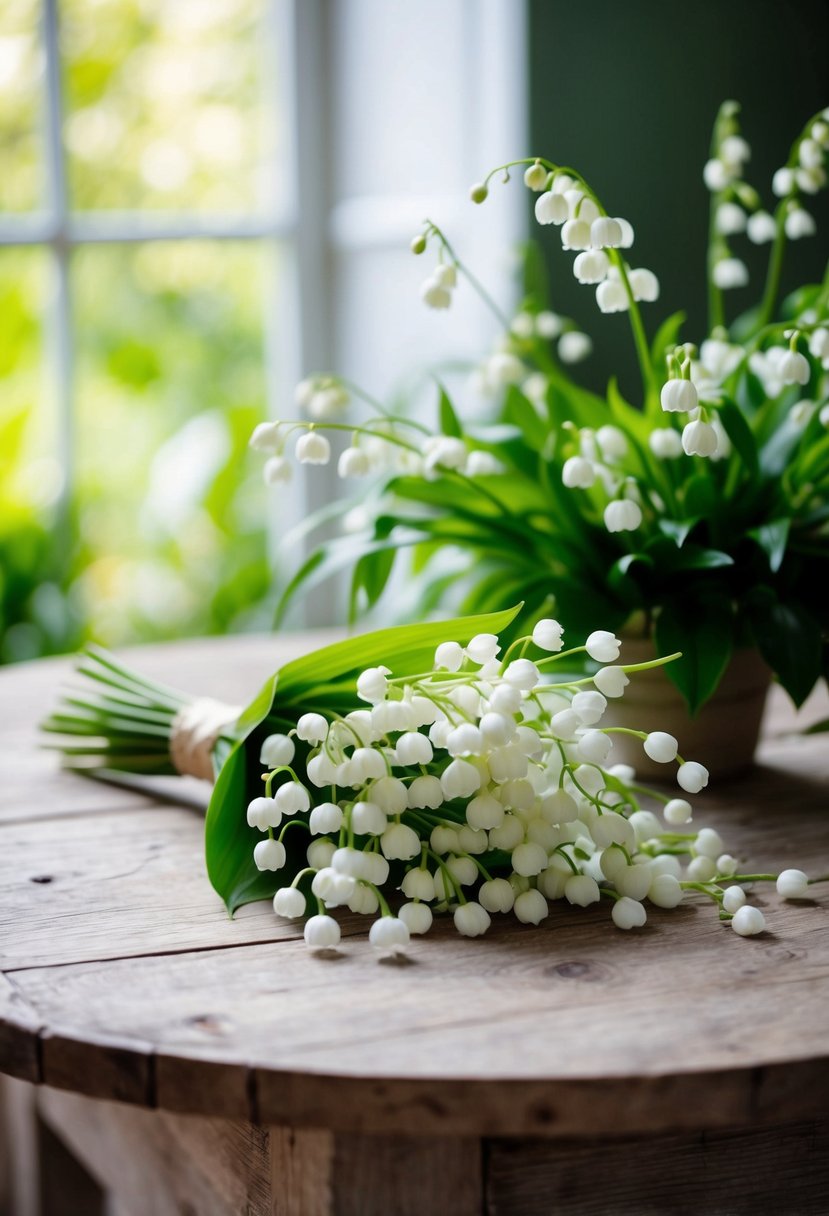 A delicate white lily of the valley bouquet rests on a rustic wooden table, surrounded by soft natural light and serene greenery