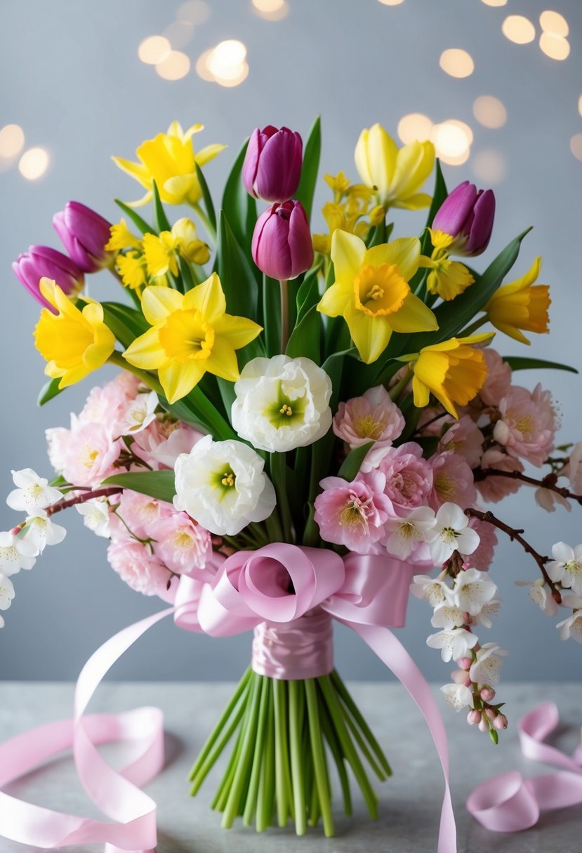 A vibrant bouquet of tulips, daffodils, and cherry blossoms arranged in a delicate, cascading style with flowing ribbons