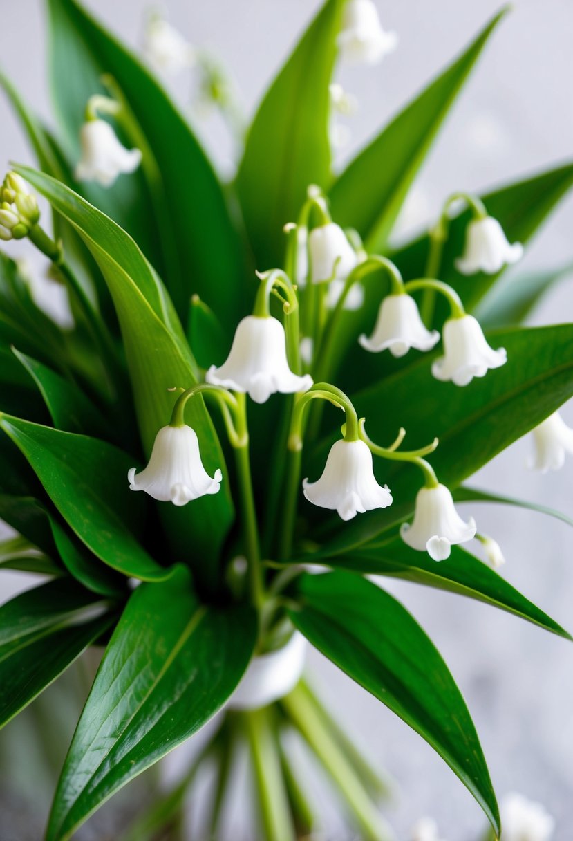 A delicate lily of the valley wedding bouquet, featuring tiny white bell-shaped flowers surrounded by lush green leaves, exudes an air of elegance and romance