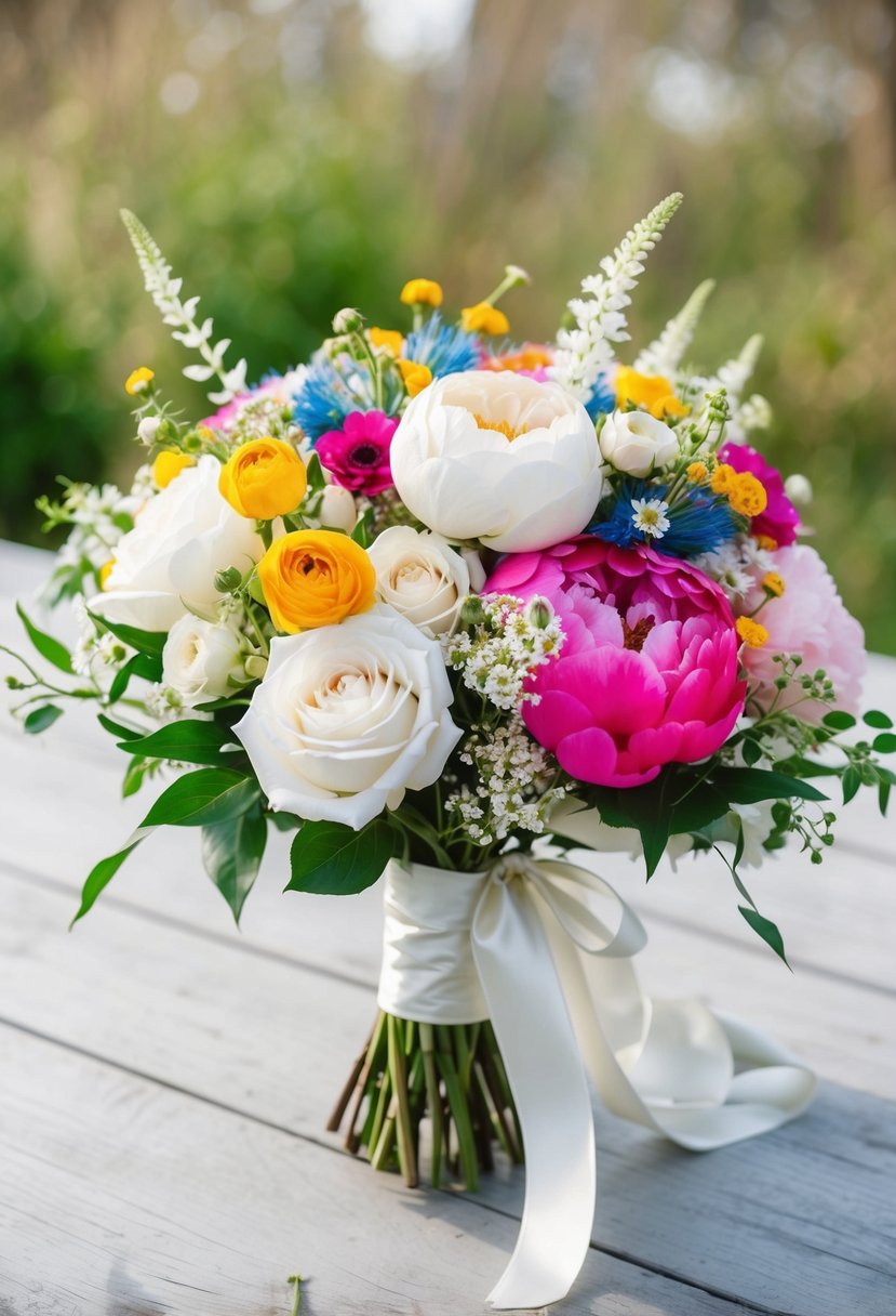 A white wedding bouquet with vibrant pops of color, featuring roses, peonies, and wildflowers, tied with a satin ribbon