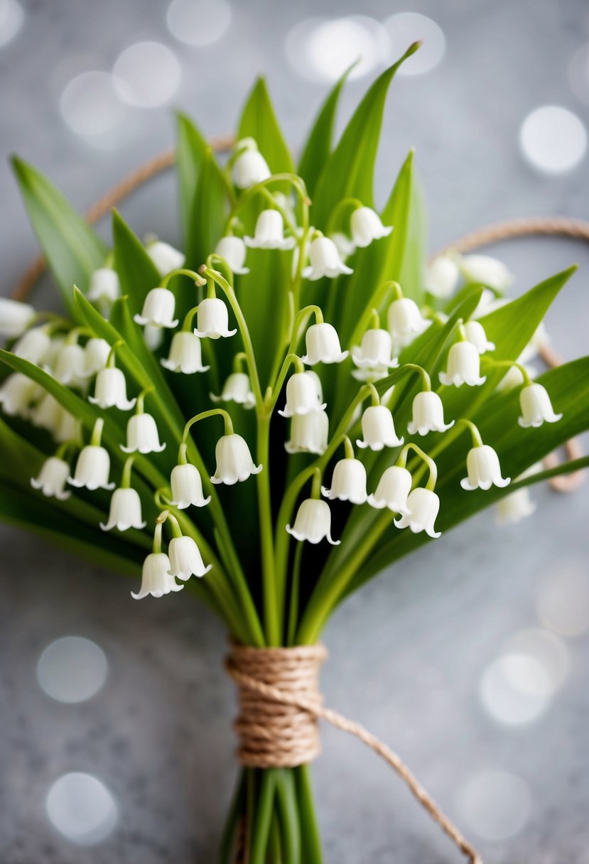 A delicate lily of the valley bouquet intertwined with elegant twine