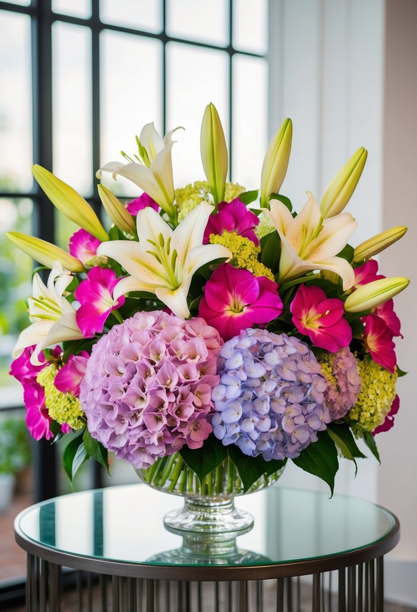 A lush bouquet of lilies and hydrangeas in vibrant hues, arranged with sophisticated elegance