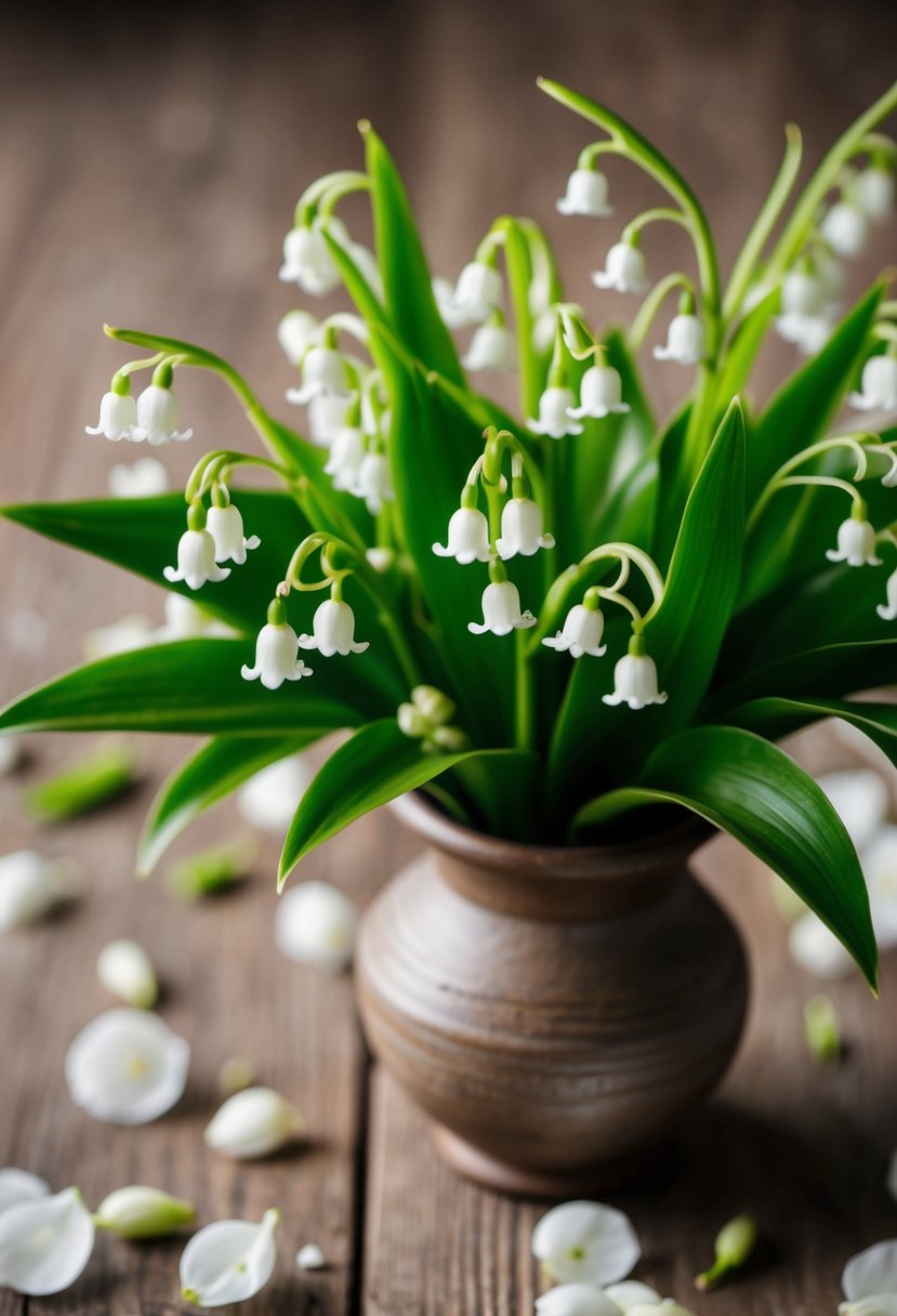 A delicate lily of the valley bouquet, nestled in a rustic, handcrafted vase, surrounded by scattered petals and greenery