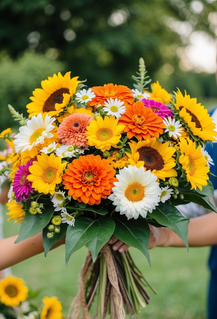 A lush bouquet of vibrant zinnias, daisies, and sunflowers in a rustic, hand-tied arrangement, evoking a lively and joyful summer wedding vibe