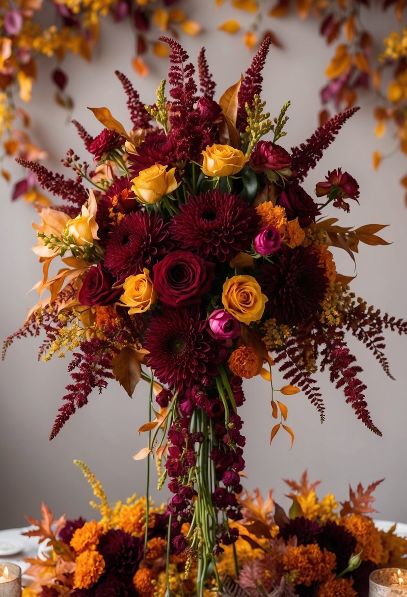 A vibrant bouquet of chrysanthemums, roses, and fall foliage arranged in an elegant, cascading design. Rich hues of burgundy, gold, and deep orange evoke the beauty of autumn