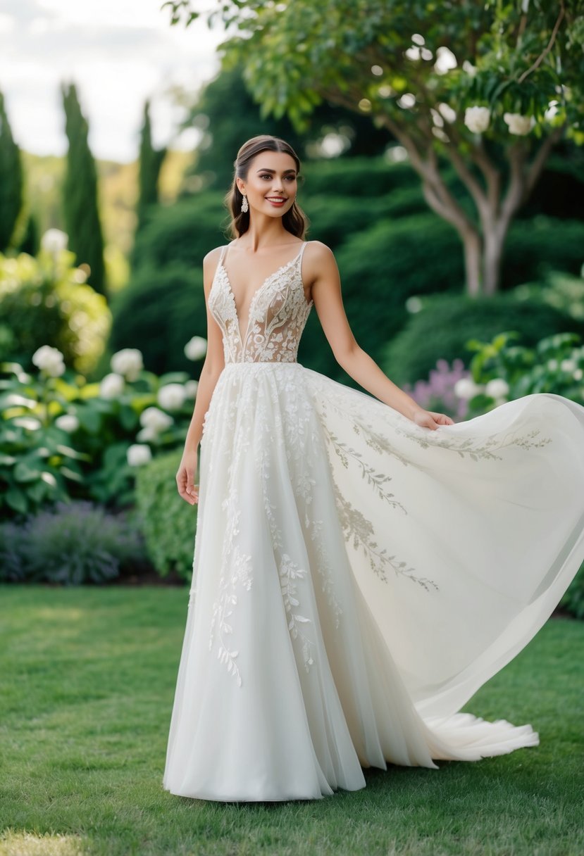 A flowing wedding dress adorned with intricate floral patterns, set against a backdrop of lush garden greenery