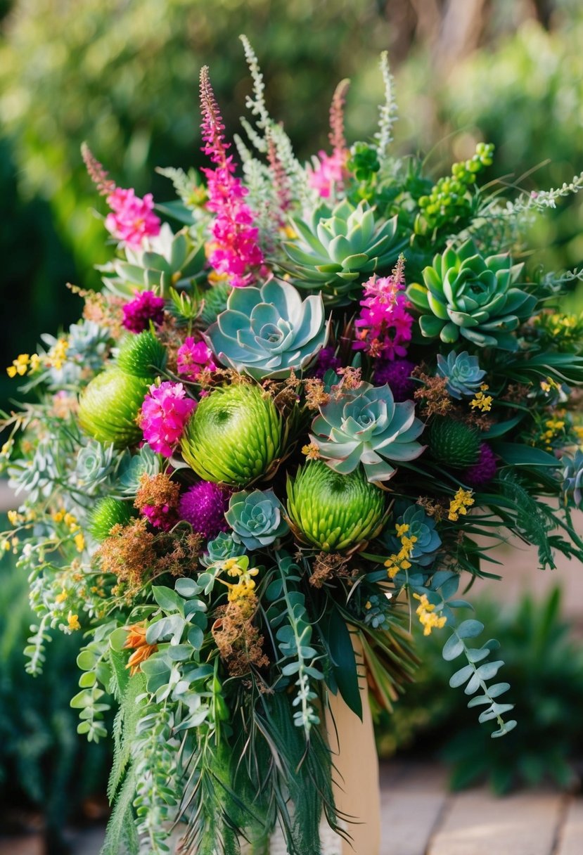 A vibrant bouquet of wild greenery and succulents, bursting with colorful blooms and delicate foliage, arranged in an elegant, cascading design