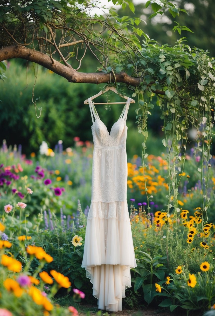 A lush garden filled with vibrant, wildflowers and flowing vines, with a bohemian-style wedding dress hanging from a tree branch