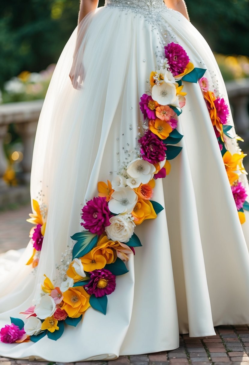 A whimsical white wedding dress with bold, vibrant florals cascading down the flowing skirt. Sparkling embellishments add a touch of magic to the enchanting gown