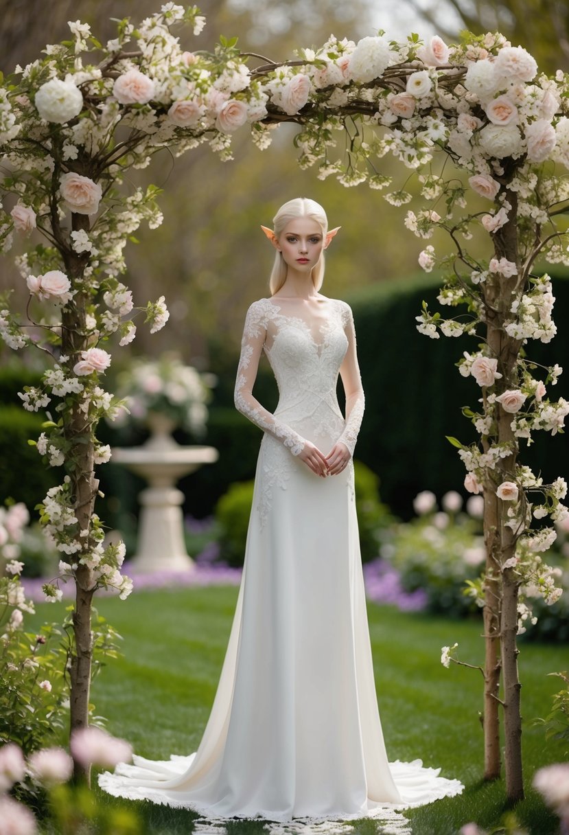 An elegant elven figure stands in a garden, surrounded by delicate floral lace and blossoming flowers, inspiring wedding dress ideas