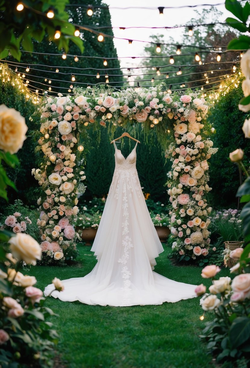 A lush garden with oversized flowers and twinkling fairy lights, a flowing floral wedding dress suspended in the air