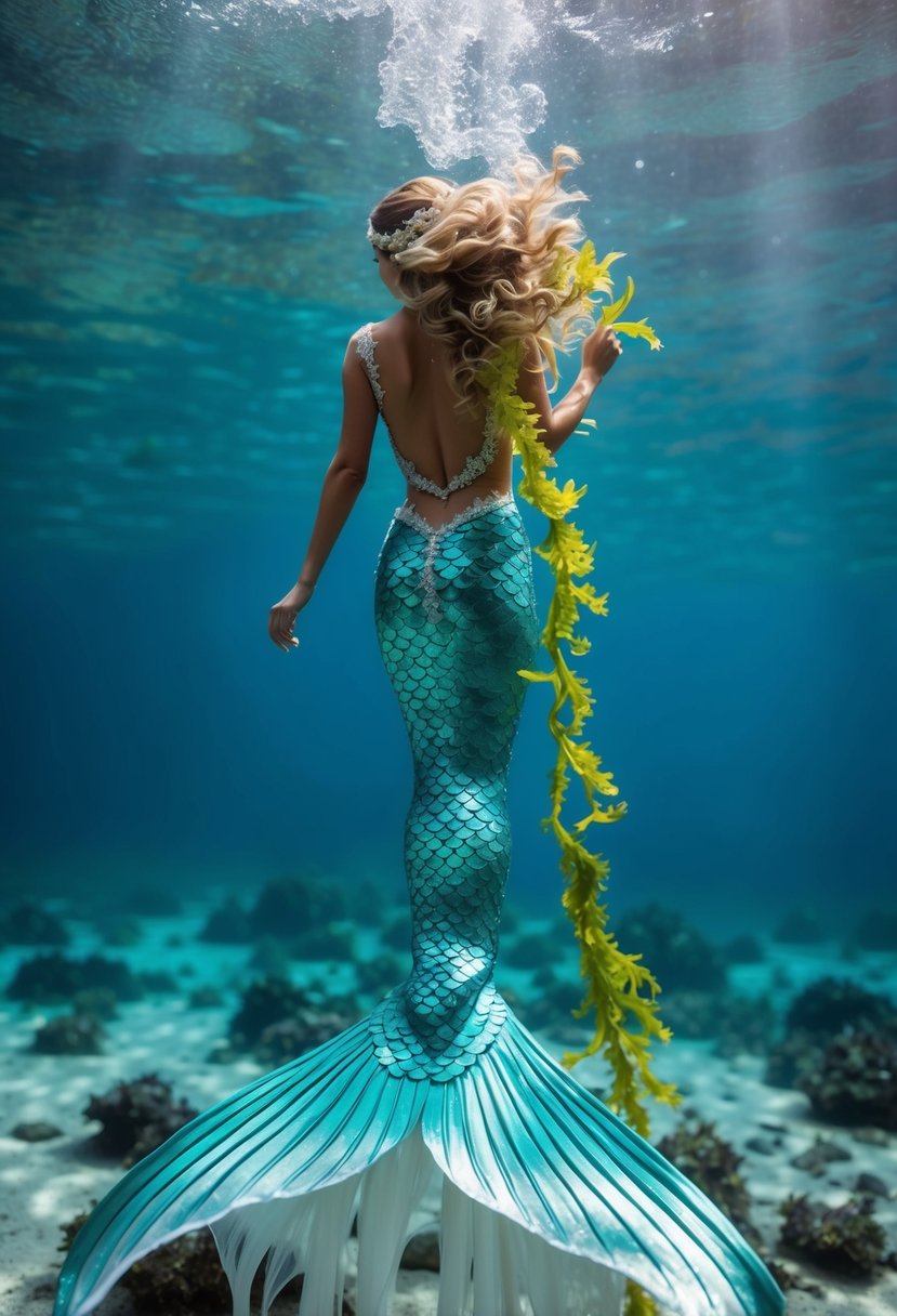 A mermaid wedding dress flowing underwater with shimmering scales and cascading seaweed-inspired details