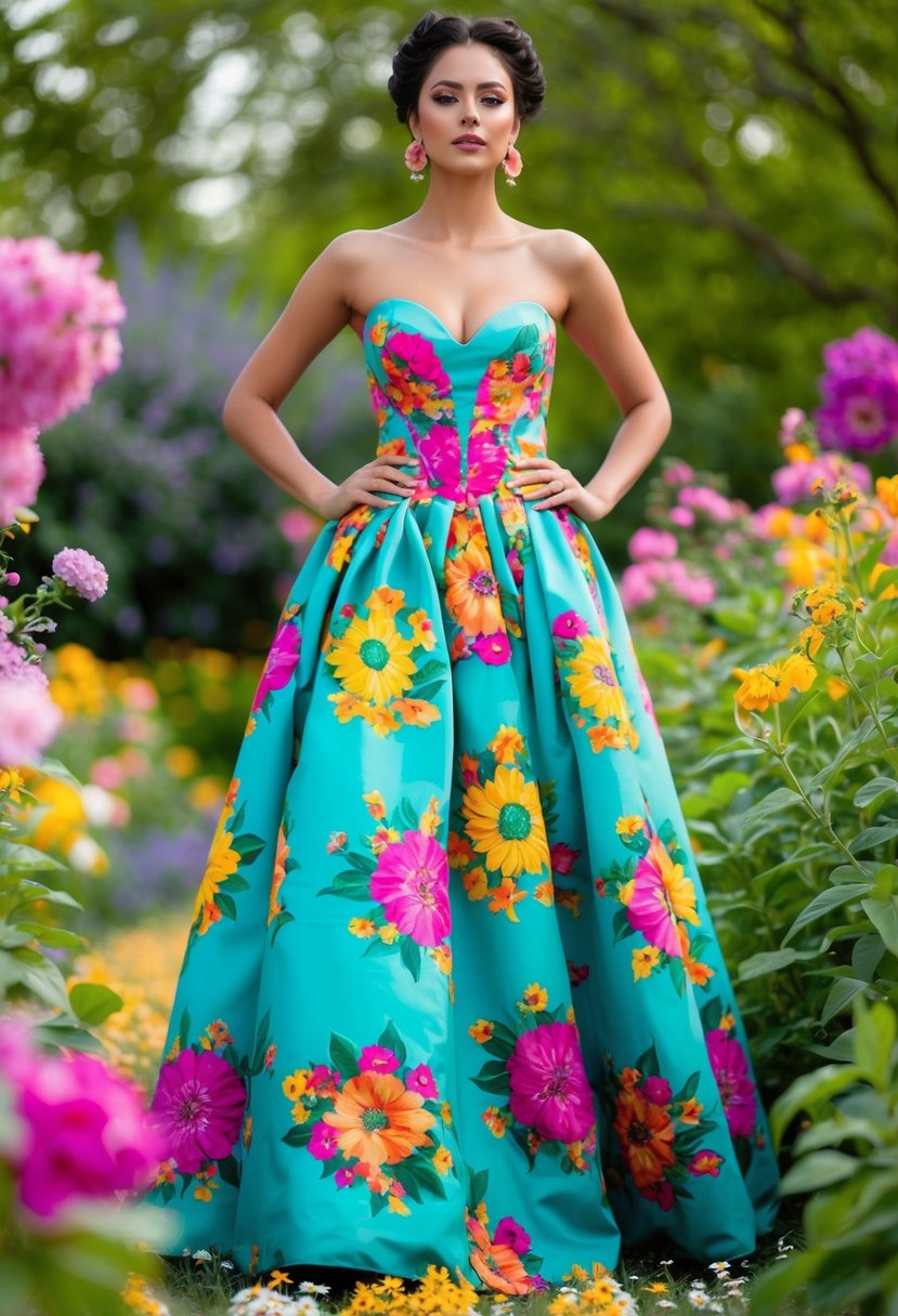 A vibrant garden goddess gown adorned with colorful floral patterns, surrounded by blooming flowers and lush greenery