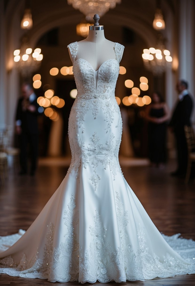 A mermaid wedding dress with a sweetheart neckline, adorned with elegant lace and intricate beading, cascading into a dramatic train