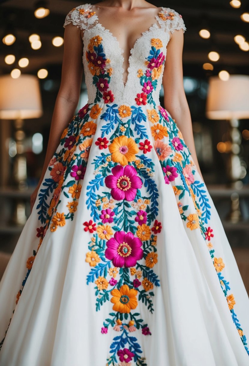 A white wedding dress adorned with vibrant, multicolored floral embroidery cascading down the bodice and skirt, creating a stunning and romantic floral motif