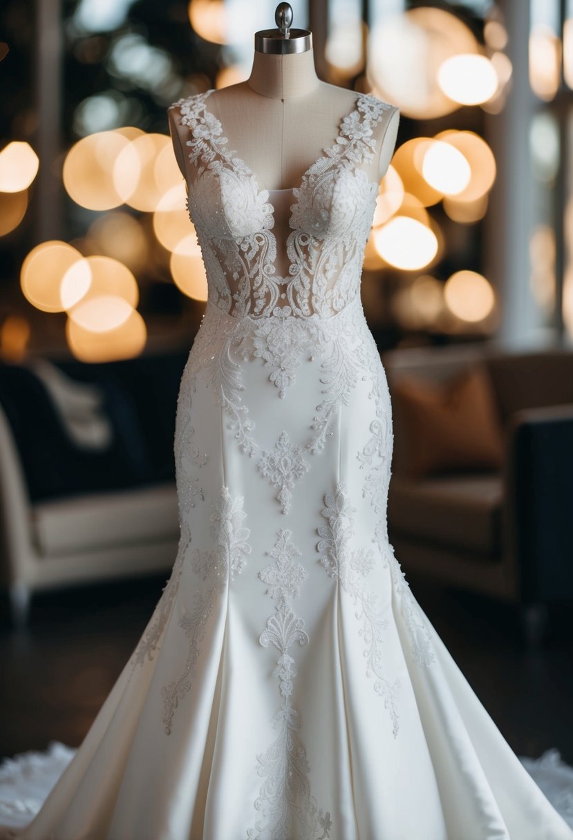 A mermaid wedding dress with intricate lace embellishments cascading down the fitted silhouette, exuding elegance and sophistication