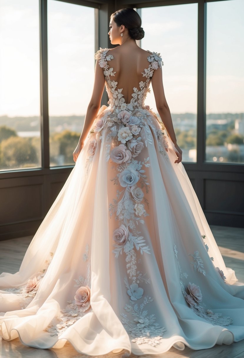 A flowing, ethereal gown adorned with intricate 3D floral appliques cascading down the skirt and adorning the bodice